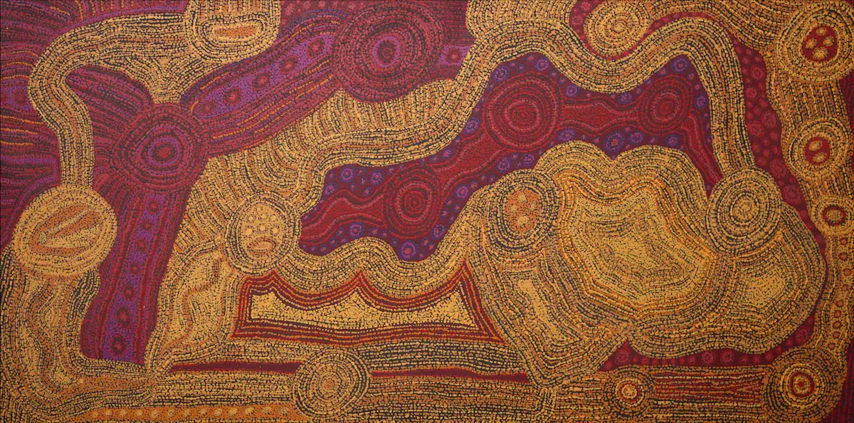 Nami (Unurupa) Kulyuru, Minyma kutjara (near Ernabella), 2019, acrylic on canvas, 83 x 170 cm   Courtesy the artist, Ernabella Arts & Everywhen Artspace