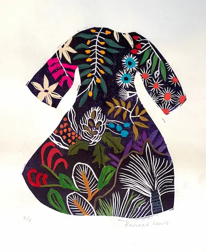 Hannah Lewis, Long sleeved dress, 2020 hand-coloured linocut, 19 x 15 cm, edition 5