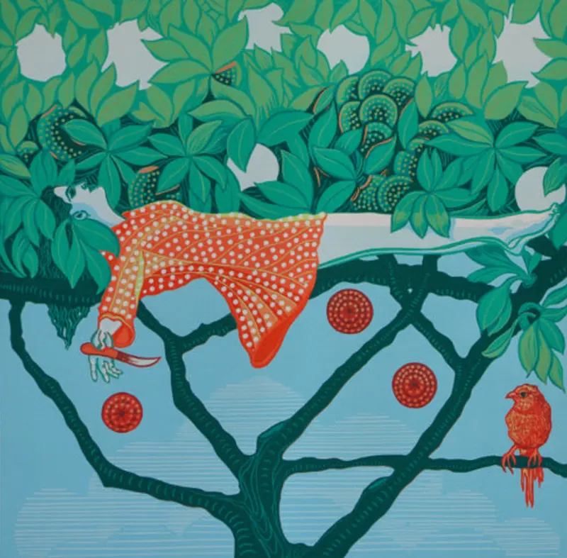 Gwen Scott, Pomona and her watchful friend, 2017, reduction linocut, 30 x 30 cm, edition 14