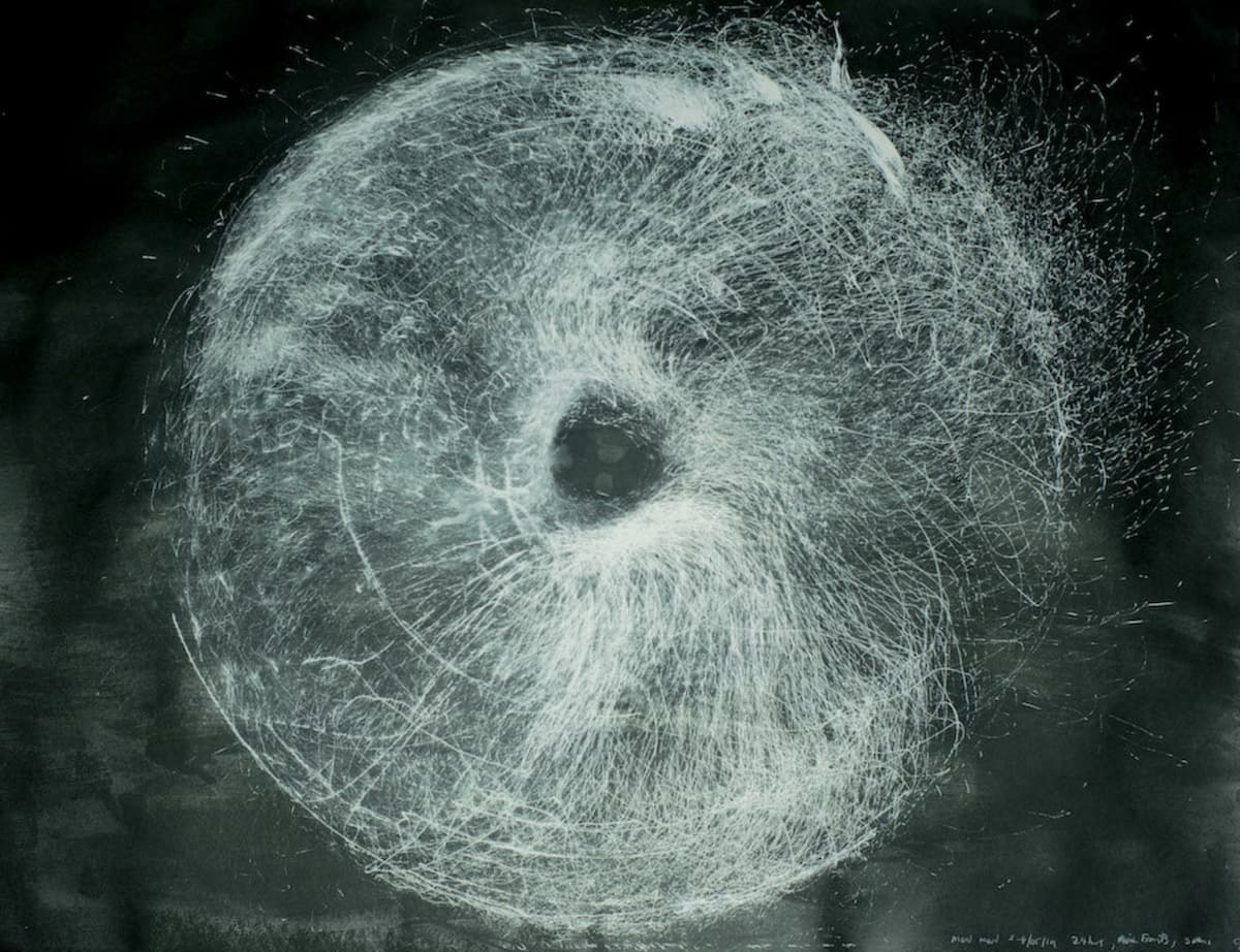 Mon Mon, 3-4/05/19 24 hrs 3 pens, 2019 wind drawing, pigment ink on black Magnani paper, 56 x 76 cm