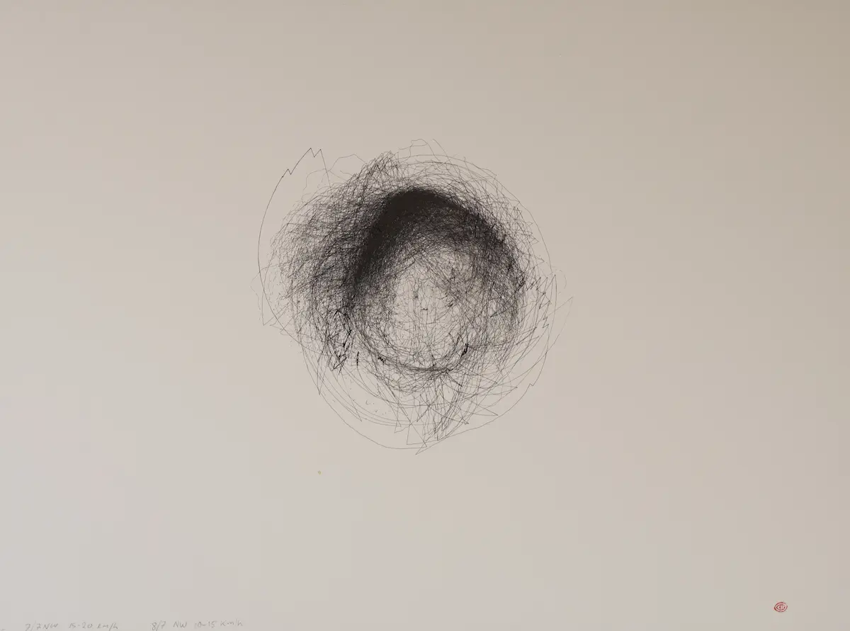 MONA, 7/7/14 NW 15-20 km/h 24 hrs, 2014 wind drawing, pigment ink on watercolour paper, 57 x 76 cm