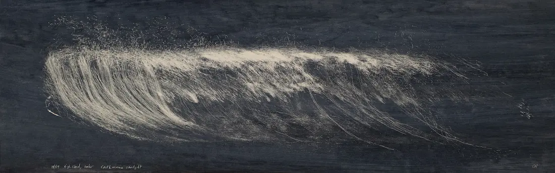 High cloud, cooler Castlemaine sunlight, 18/1/19, hand painted watercolour paper & pigment ink, 30.5 x 96 cm