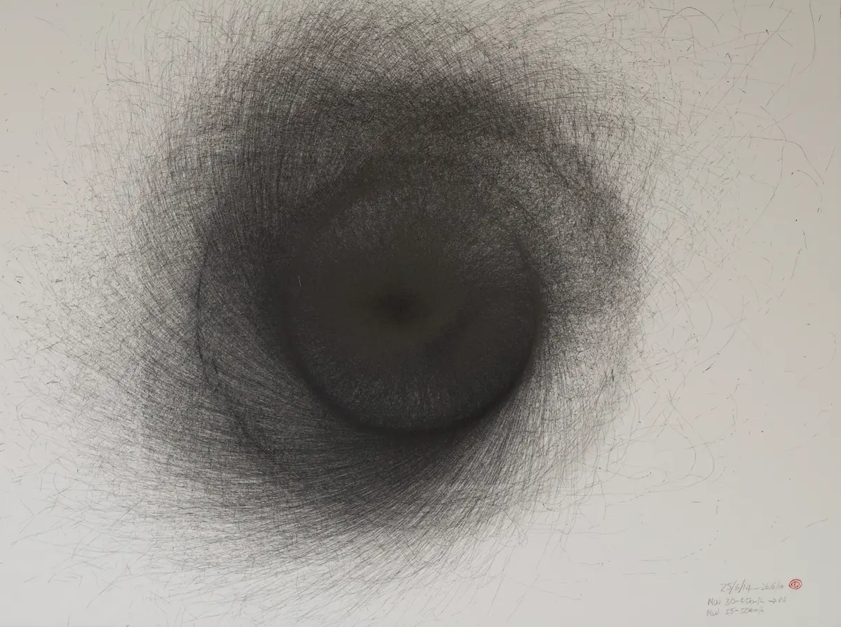 MONA, 25/6/14 NW 50 km/h 24 hrs, 2014 wind drawing, pigment ink on watercolour paper, 70.5 x 76.5 cm