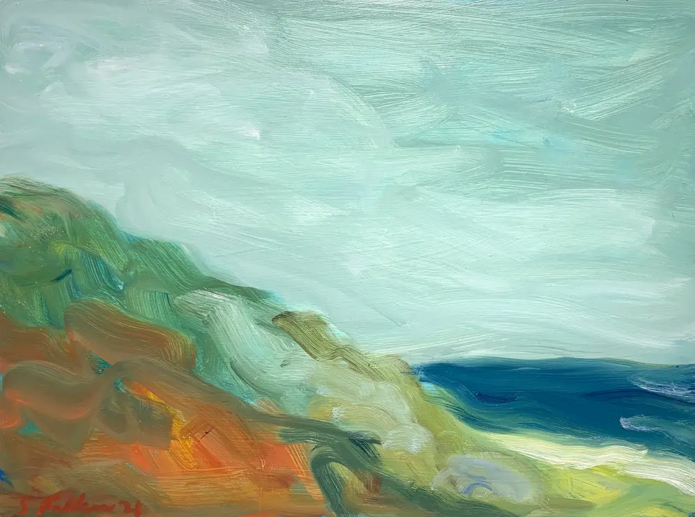 Sarah Faulkner, Back beach dunes, 2021, oil on board, 45.5 x 61 cm