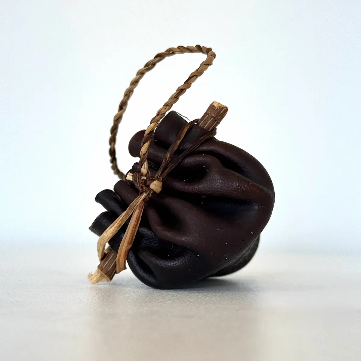 Kelp vessel, 2022, bull kelp, native Tasmanian timber & river reed, extra small, approximately 4 x 7 x 5 cm (dimensions exclude handle)