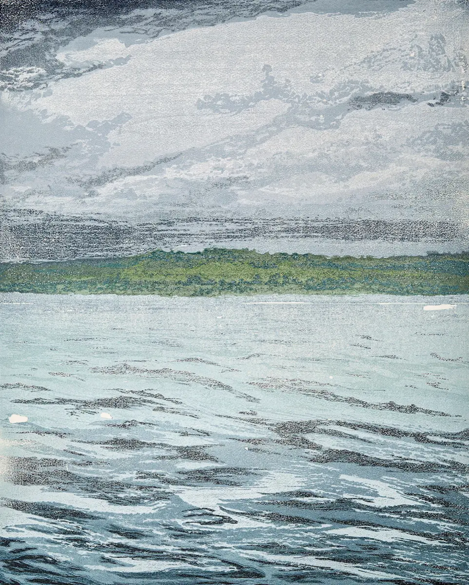 Warren Cooke, Land & sea #33 (Stormy Merricks), 2018, reduction woodcut, 56 x 45 cm, edition 21