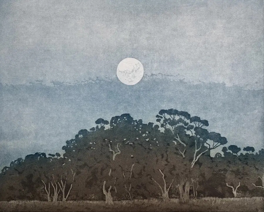 Kevin Foley, Moonrise Mia Mia, 2021, etching & aquatint, 28.5 x 35.5 cm, edition 30