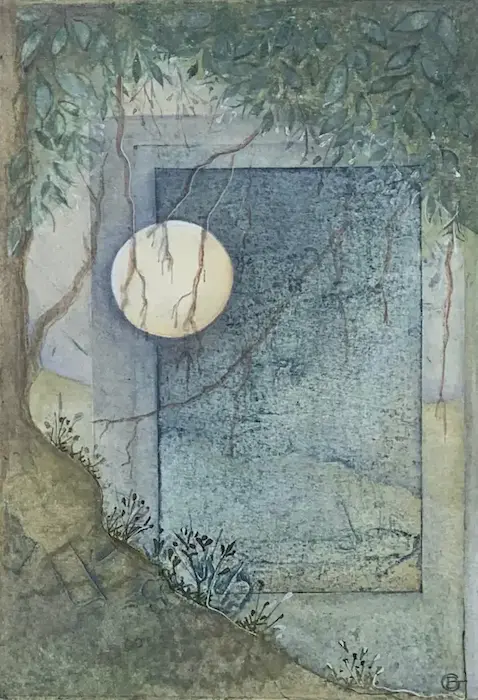 Bronwen Gibbs, Gently moonlit #1, 2021, multi-layered intaglio, watercolour & dip pen, 15 x 10 cm, unique state