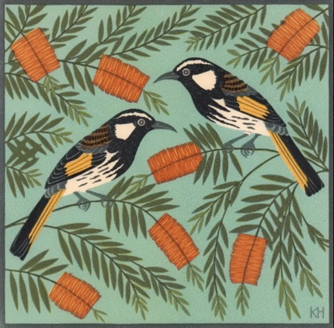 Kate Hudson, Honeyeaters & bottlebrush, 2017, reduction linocut (11 colours printed from 2 blocks), 22 x 22.5 cm, edition 30
