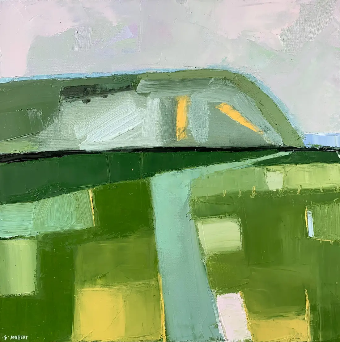 Sally Joubert, Dromana's patchwork of fields, 2021, oil on canvas, 46 x 46 cm