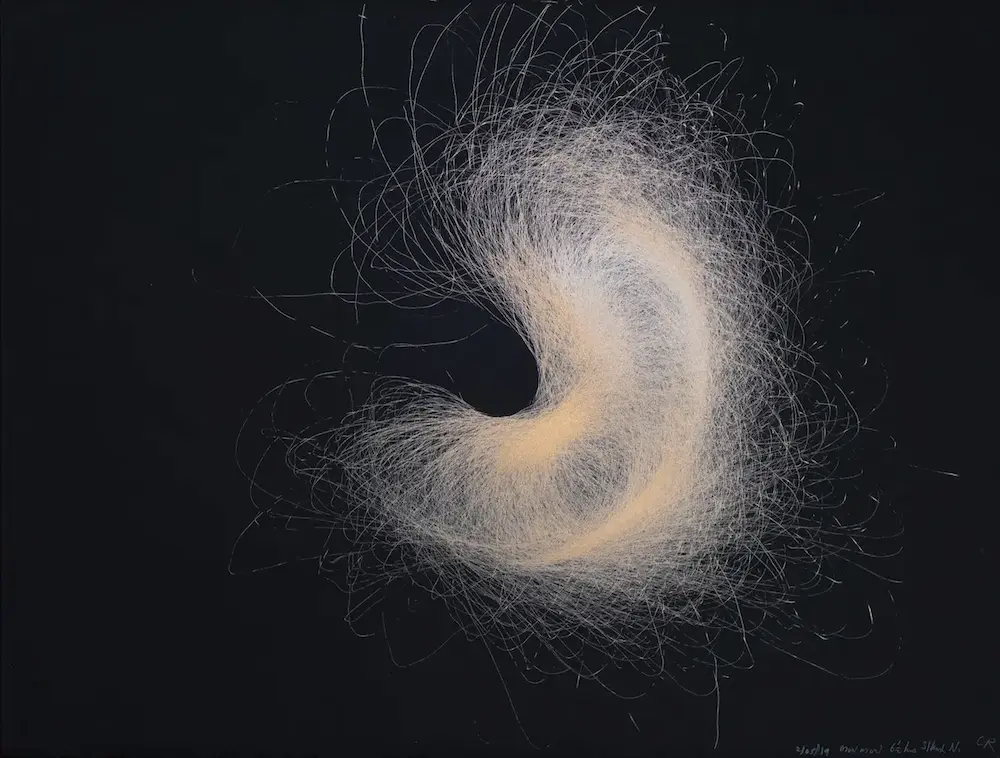 Mon Mon blackhole 2/05/19 31km/h northerly, 2019, wind drawing, metallic ink on black Magnani paper, 57.5 x 76.5 cm, unframed