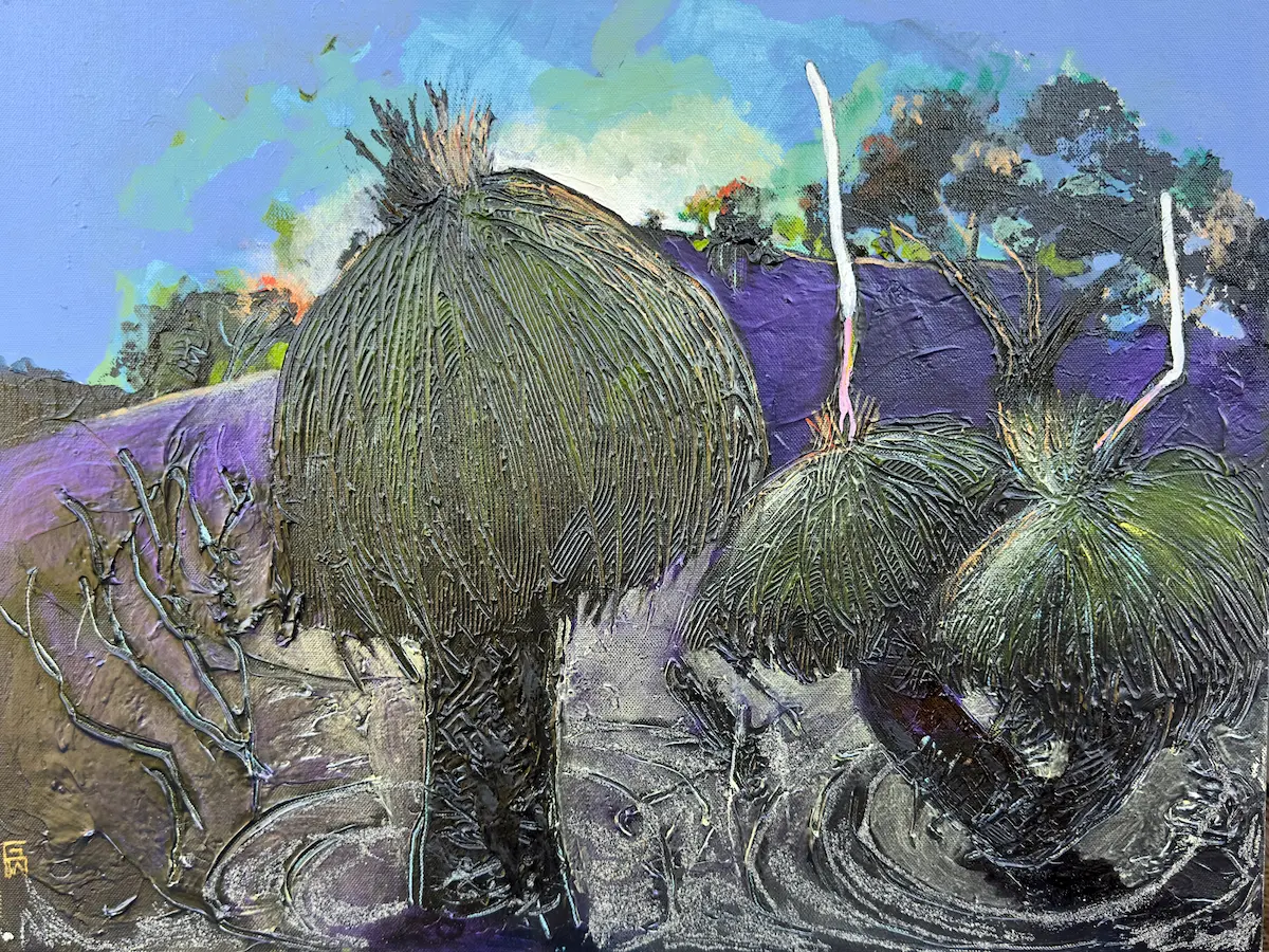 Gidja Walker, Rays of light and the eagles’ flight, Bunurong, 2024, acrylic, ink, acid, sands, grass tree sap on canvas, 61 x 46 cm