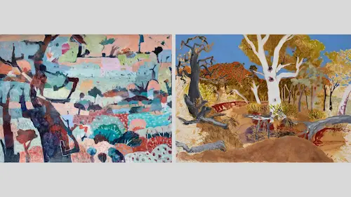 Left: Jill Anderson, Desert mosaic, 2025, acrylic paint on paper, 56 x 76 cm. Right: Gidja Walker, Tree with hollows in the riverbed, 2025, kangaroo grass ink, acrylic, ink, pen & sand on Arches paper, 57 x 76 cm. Photos by Noa Fletcher