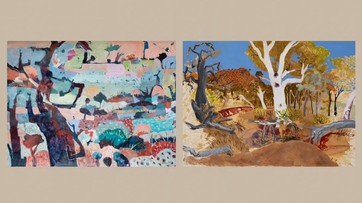 Left: Jill Anderson, Desert mosaic, 2025, acrylic paint on paper, 56 x 76 cm. Right: Gidja Walker, Tree with hollows in the riverbed, 2025, kangaroo grass ink, acrylic, ink, pen & sand on Arches paper, 57 x 76 cm. Photos by Noa Wolf Smith Fletcher