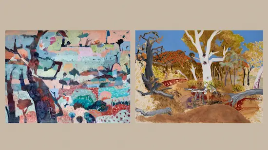 Left: Jill Anderson, Desert mosaic, 2025, acrylic paint on paper, 56 x 76 cm. Right: Gidja Walker, Tree with hollows in the riverbed, 2025, kangaroo grass ink, acrylic, ink, pen & sand on Arches paper, 57 x 76 cm. Photos by Noa Wolf Smith Fletcher
