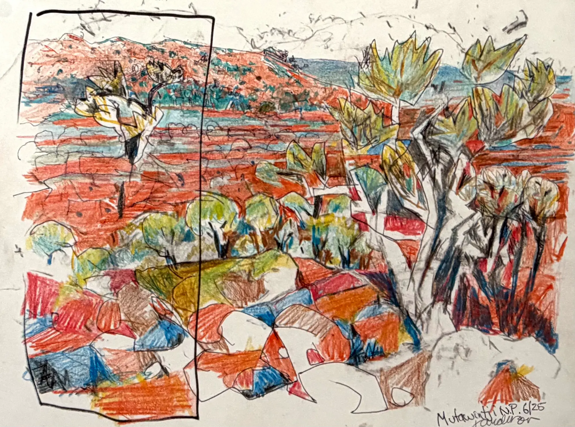 ill Anderson, Looking over the plains, Mutawintji National Park, 2025, Pantjikali, Wanyuparlku, Wilyakali & Malyangapa country, colour pencil & pen on paper, 21 x 28.5 cm, $250 unframed