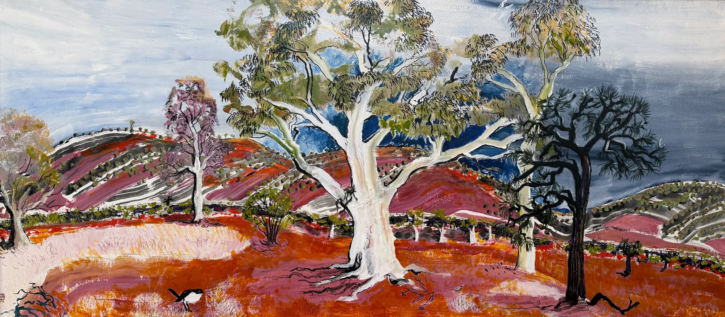 Gidja Walker, Birds gather as the storm builds, 2025 Mutawintji National Park, Pantjikali, Wanyuparlku, Wilyakali & Malyangapa country, acrylic, sand & ink on linen, 55 x 125 cm framed, $3,500