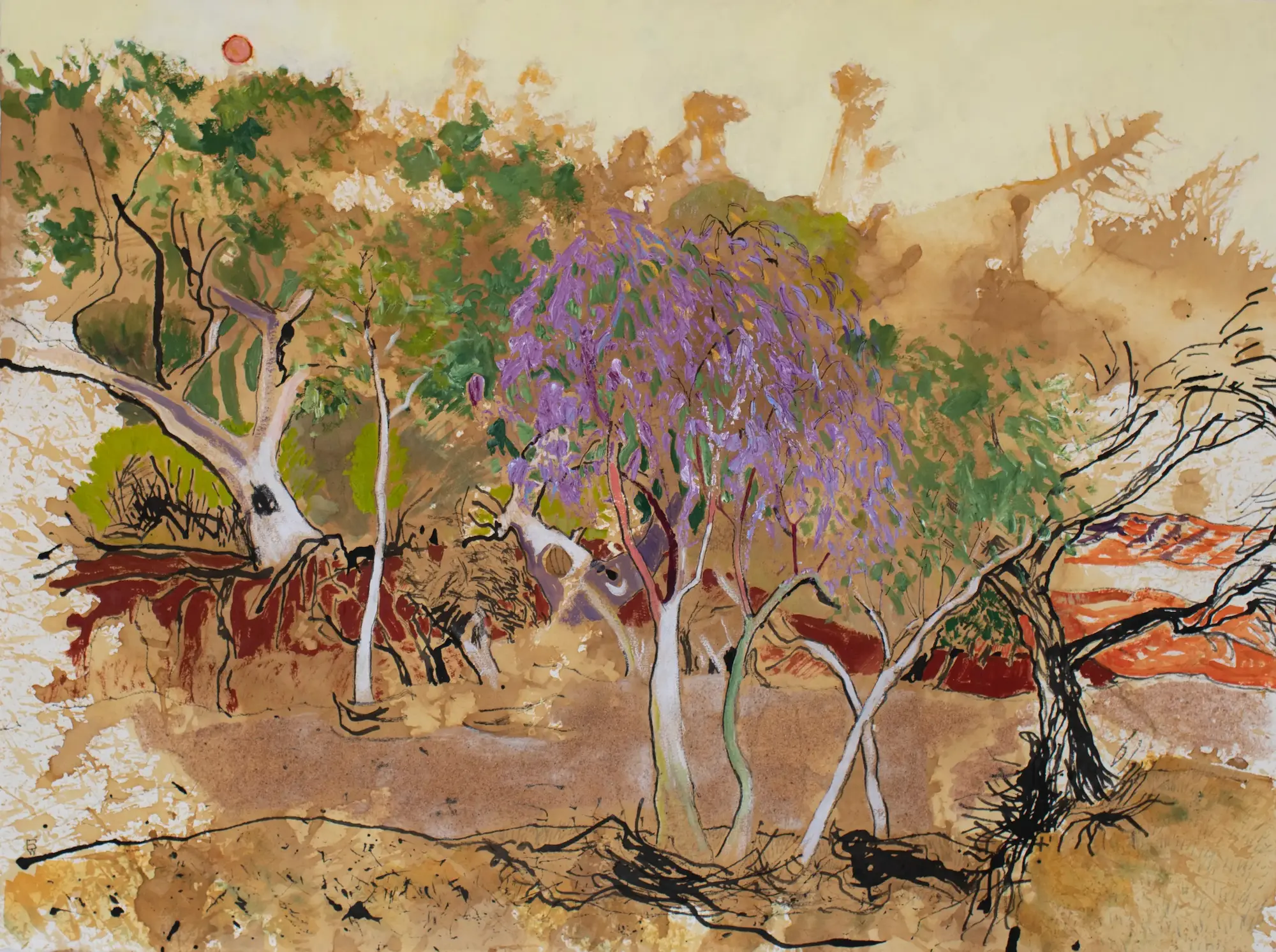 Gidja Walker, Drought stress colour, 2025 Mutawintji National Park, Pantjikali, Wanyuparlku, Wilyakali & Malyangapa country, kangaroo grass ink, ink, acrylic, pen, conté & sand on Arches paper, 57 x 76 cm unframed, $2,200