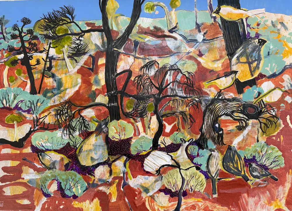Gidja Walker, Kangaroos recline with the apostle birds and ground dwelling frogs in the shade of the Belar, 2025, acrylic, ink & pen on a repurposed painting by Jill Anderson, Lake Mungo on Barkindji/Paakantji, Mutthi Mutthi & Ngiyampaa country 50 x 70 cm unframed, $1,850