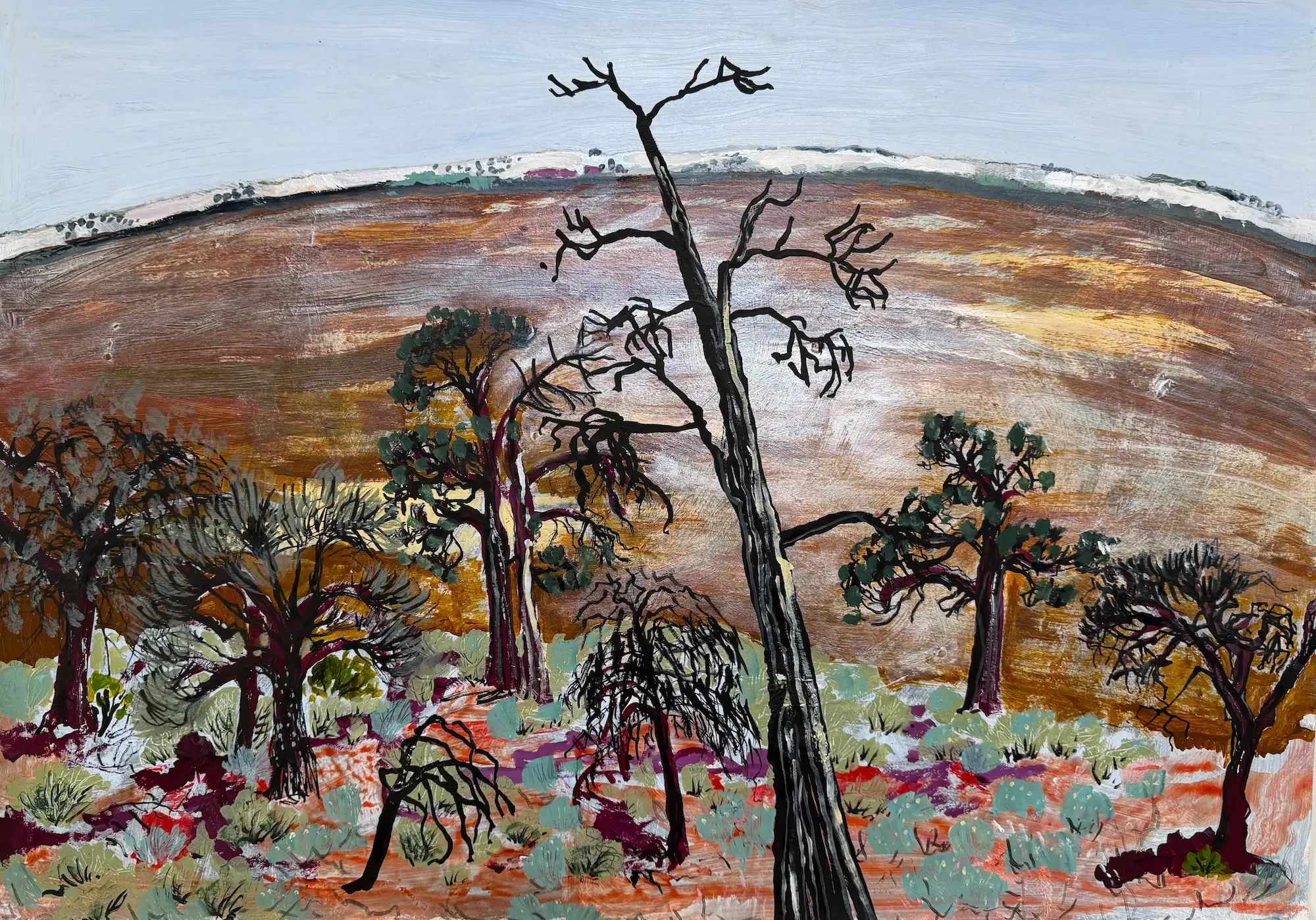 Gidja Walker, View across Lake Mungo, 2025 acrylic & ink on a repurposed painting by Jill Anderson, Barkindji/Paakantji, Mutthi Mutthi & Ngiyampaa country, 50 x 70 cm unframed, $1,850