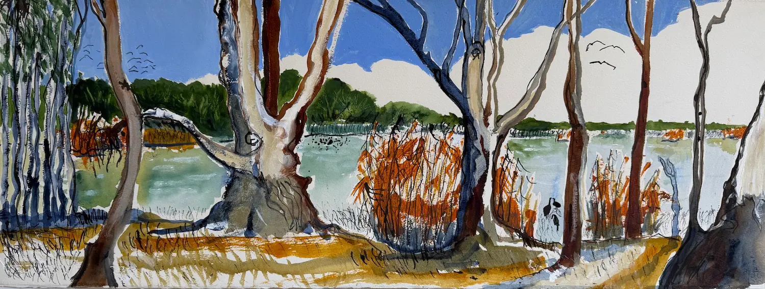 Gidja Walker, Emus at Barmah, 2025, Yorta Yorta country, acrylic & pen on Arches paper, 28.5 x 76 cm unframed, $900
