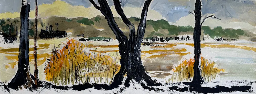 Gidja Walker, Dawn at Barmah, 2025, Yorta Yorta country, acrylic & pen on Arches paper, 28.5 x 76 cm unframed, $900