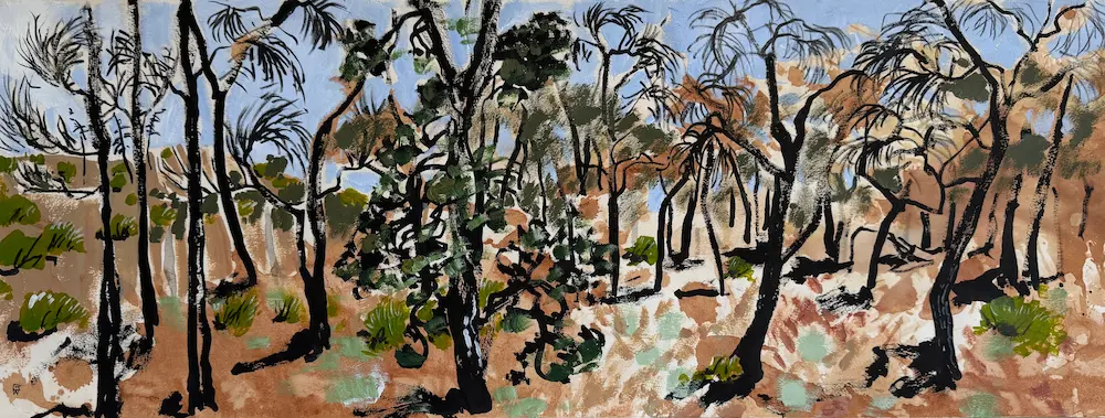 Gidja Walker, Casuarina Campground, 2025, Big Desert / Wyperfield National Park, Wotjobaluk country acrylic & pen on Arches paper, 28.5 x 76 cm unframed, $900