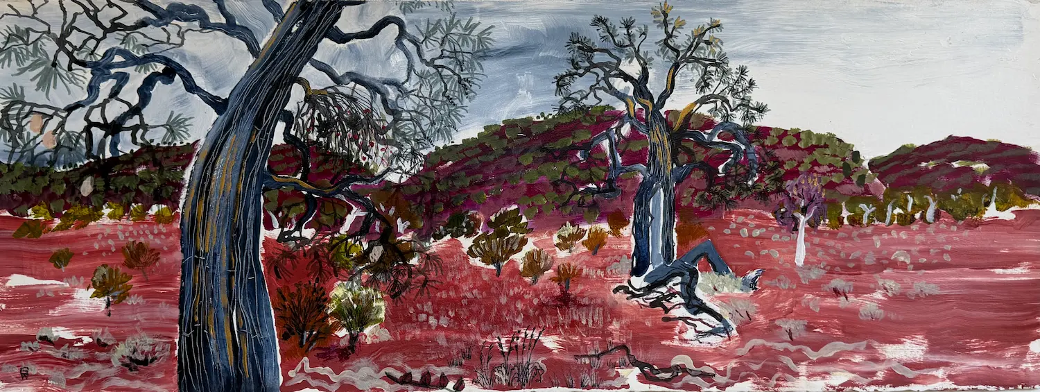 Gidja Walker, Beefwood & Mistletoe, 2025, Mutawintji on Pantjikali, Wanyuparku, Wilyakali & Malyangapa country, acrylic and ink on Arches paper, 28.7 x 76.3 cm unframed, Sold