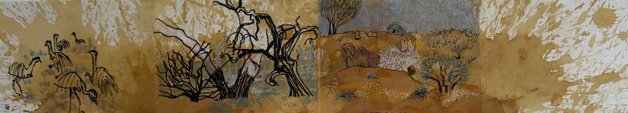 Gidja Walker, On the way to Mutawintji, 2025, kangaroo grass ink, acrylic & pencil on Arches paper, 14 x 76 cm unframed, $800