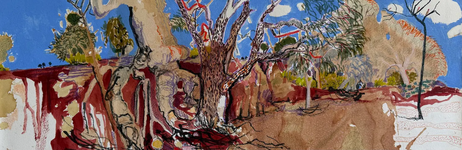 Gidja Walker, Pink cockatoos and red gums, 2025, Mutawintji on Pantjikali, Wanyuparku, Wilyakali & Malyangapa country, kangaroo grass ink, acrylic, pen & pencil on Arches paper,19.3 x 56.5 cm unframed, $800