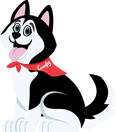 Happy black and white Husky dog with red bandana sitting cheerfully