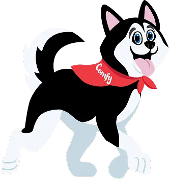 Cartoon husky dog with red bandana, smiling and standing playfully