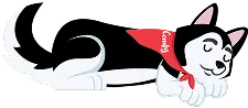 Cartoon husky dog lying down with red collar looking playful