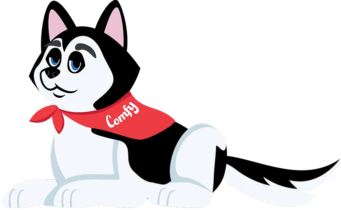 Cartoon husky dog wearing red Comfy bandana, sitting playfully