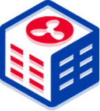 3D cube logo with propeller icon in red and blue colors