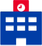 Blue building icon with red clock, representing an office or workplace