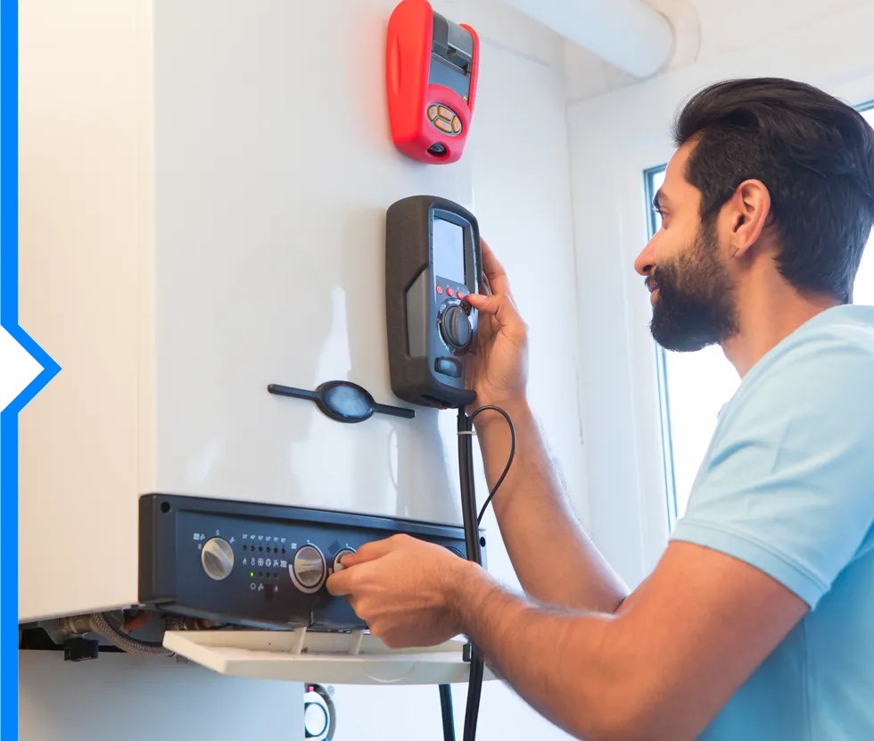 Technician checking electrical equipment and adjusting control panel