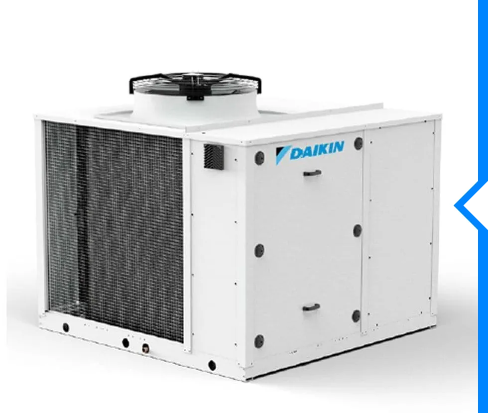 White Daikin industrial air conditioning unit with fan and mesh panels