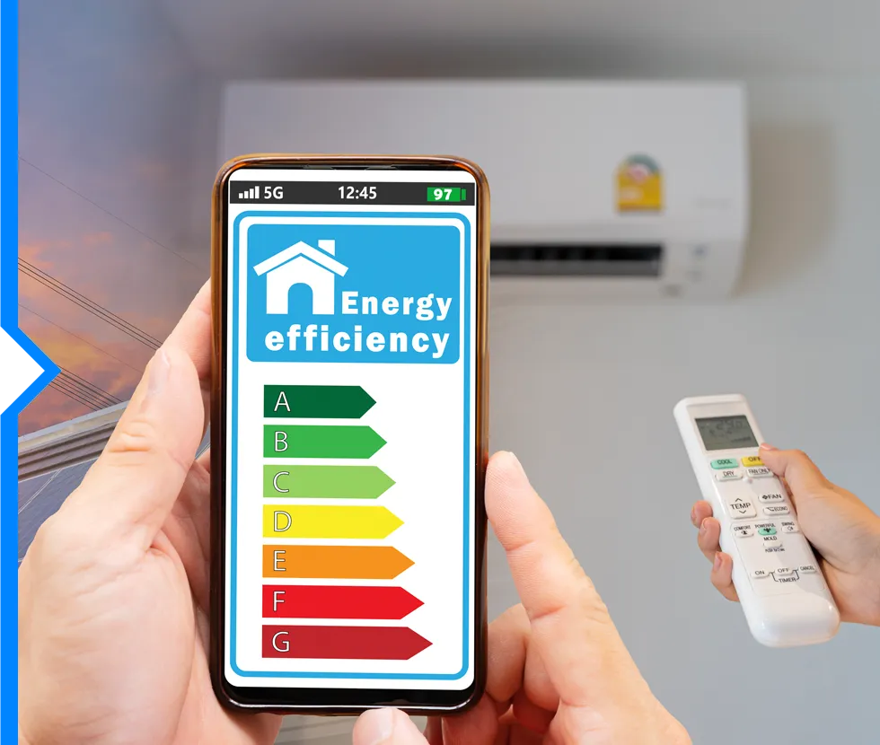 Smartphone displaying energy efficiency rating scale with air conditioner