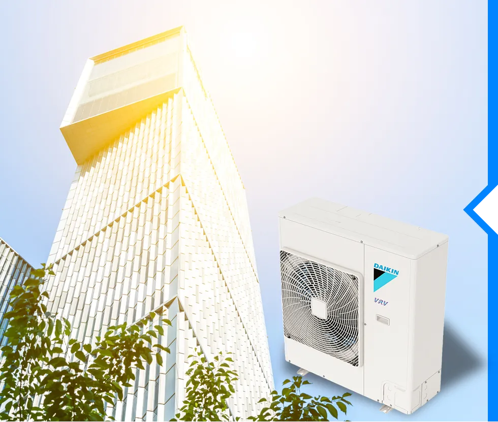 Daikin VRV air conditioning unit near white modern architectural building