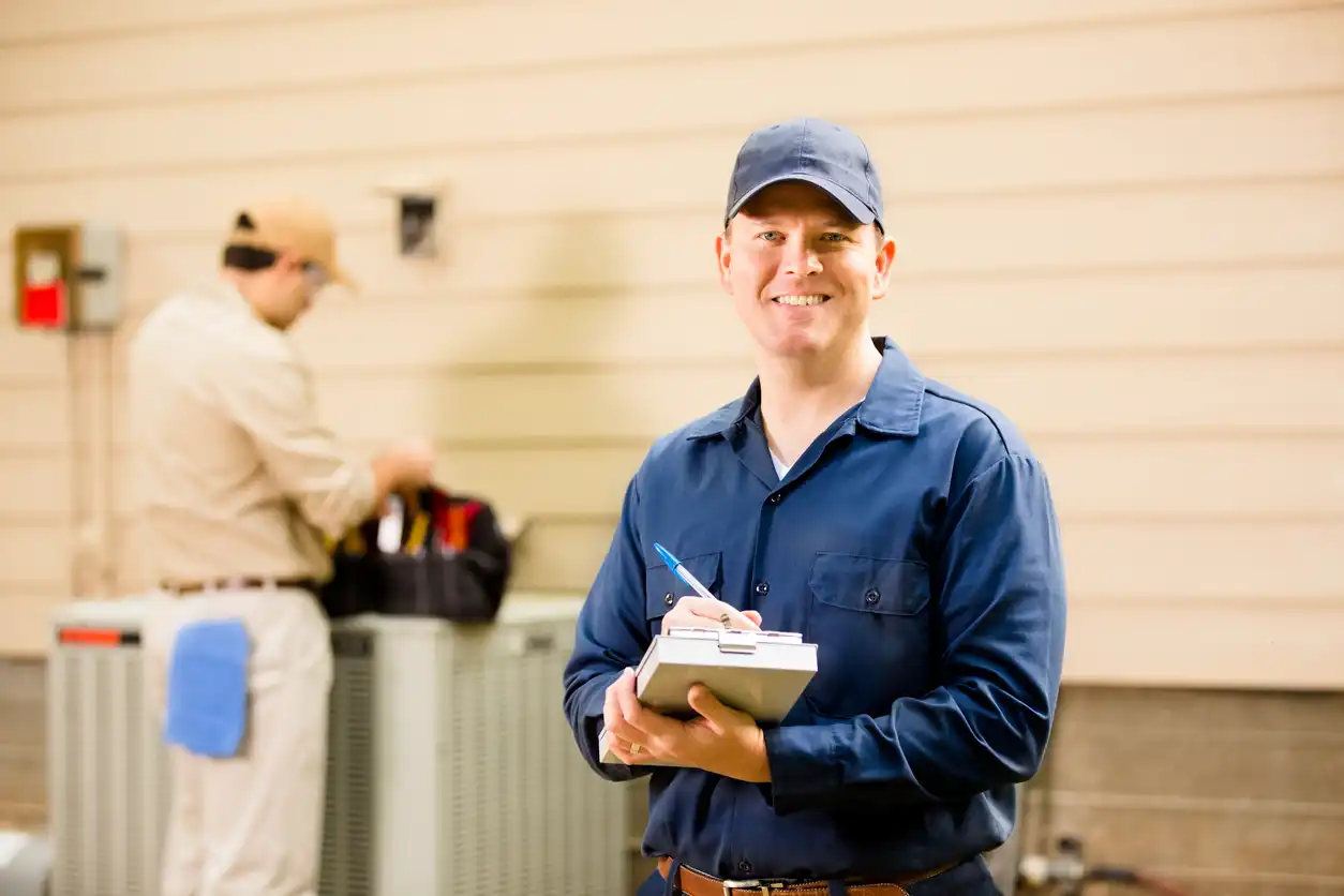 Inspector in blue uniform taking notes while technician works on HVAC equipment in background