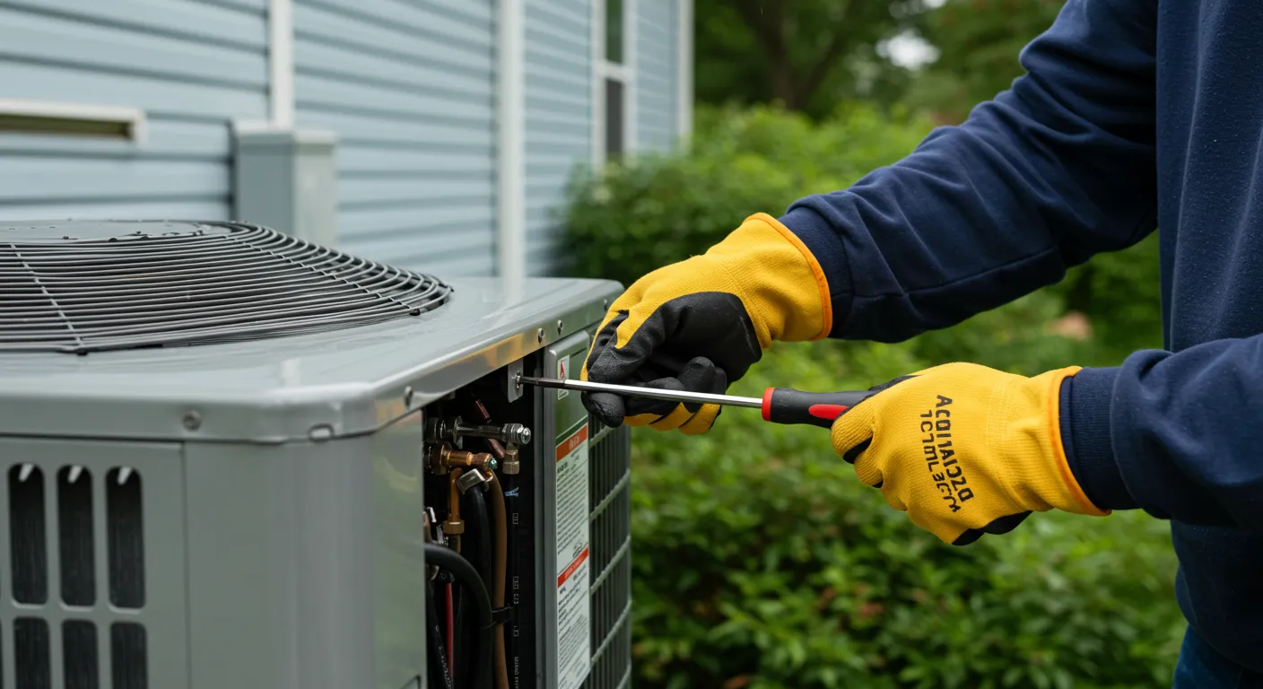 Technician in blue shirt and yellow gloves repairing outdoor AC unit beside light blue house
