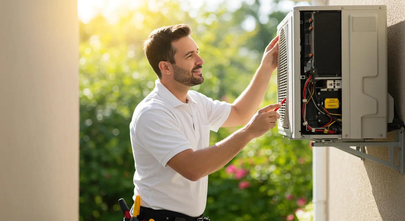 Technician on ladder installing or repairing wall-mounted air conditioning unit