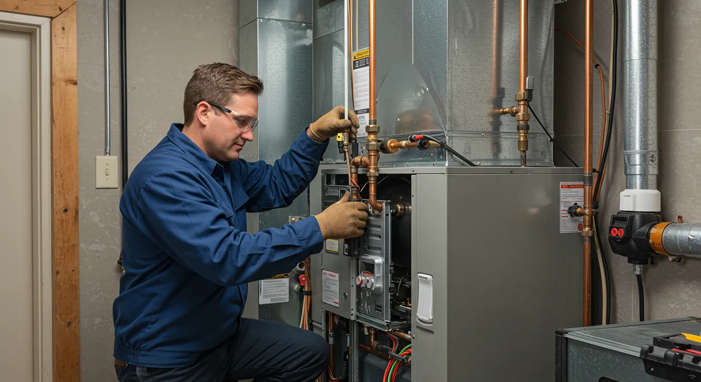 Technician repairing indoor HVAC unit with copper pipes and electrical components