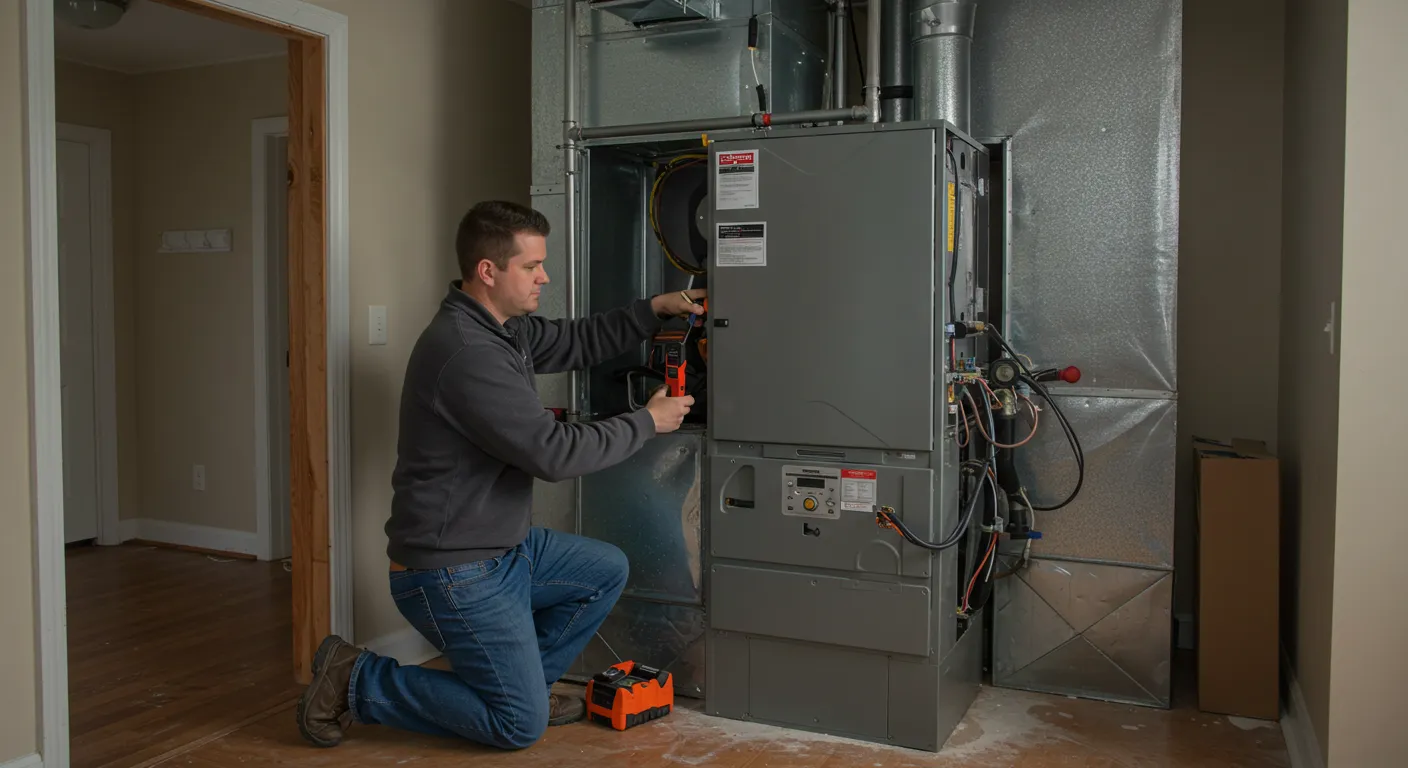 Technician using orange power drill to service indoor HVAC unit with exposed wiring in residential room