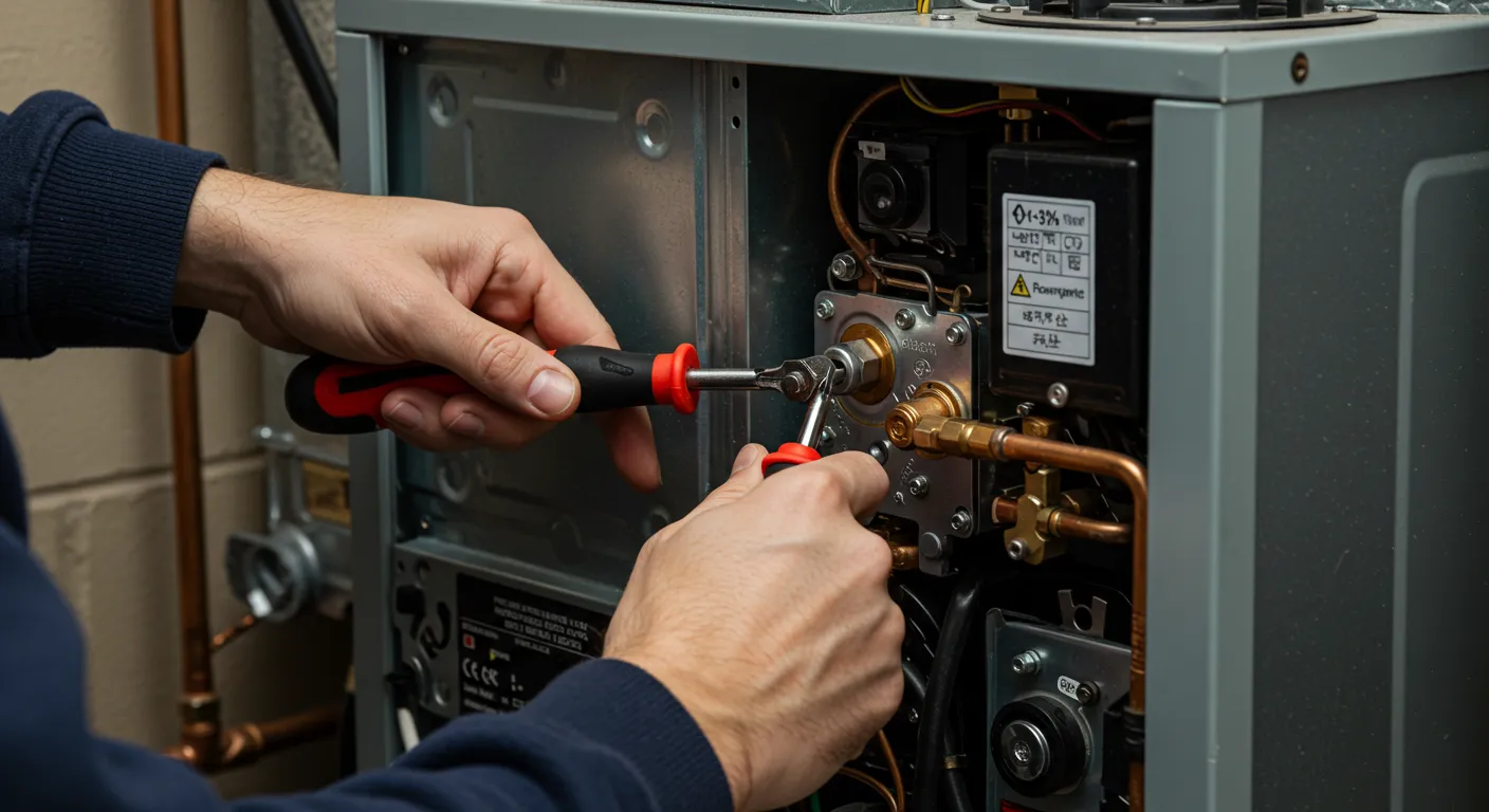 Close-up of technician using tools to adjust HVAC unit components with copper pipes and wiring visible