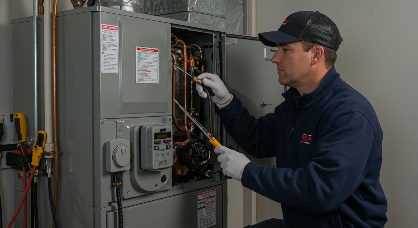 Technician in blue uniform adjusting components inside open HVAC unit with copper pipes, wiring, and labeled panel