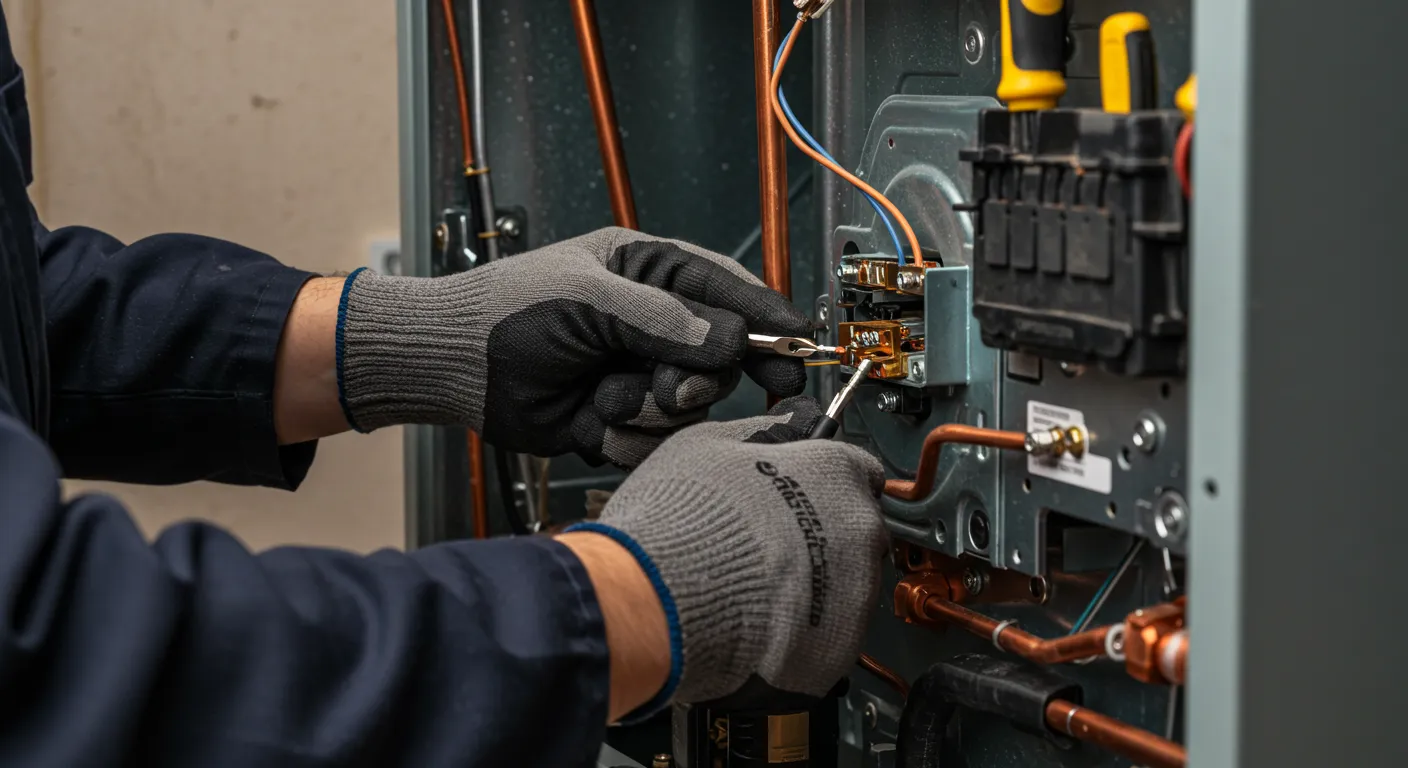 Close-up of technician adjusting HVAC unit components with tools, copper pipes and wiring visible
