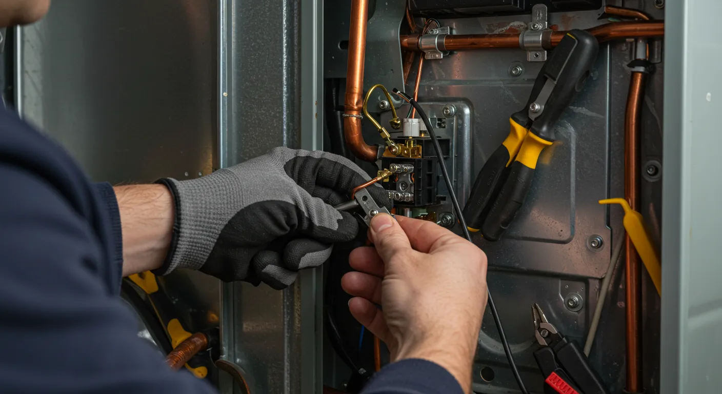 Close-up of technician connecting wires inside open HVAC unit with copper pipes and tools visible
