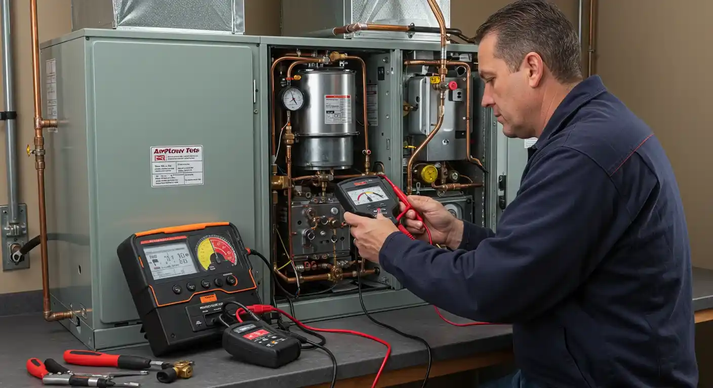 Technician testing HVAC system with multimeter, surrounded by copper pipes, pressure gauge, and diagnostic tools